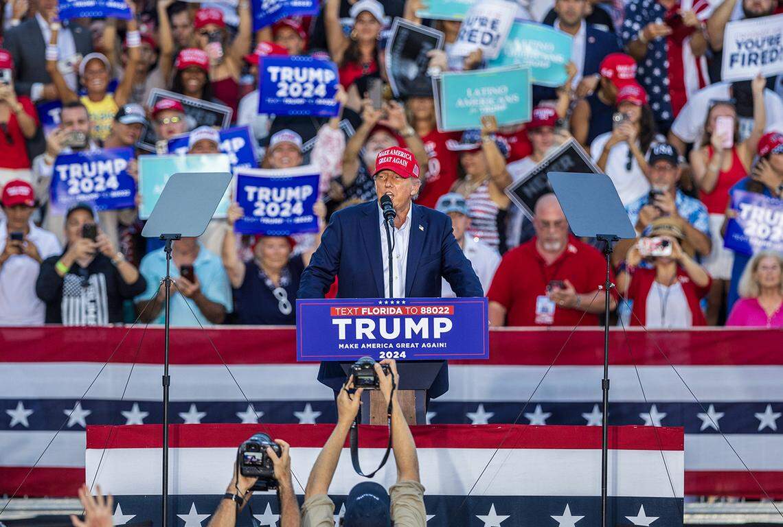 Former President Donald Trump speaks during a rally at the Trump National Doral Miami, in Doral on Tuesday, July 09, 2024.