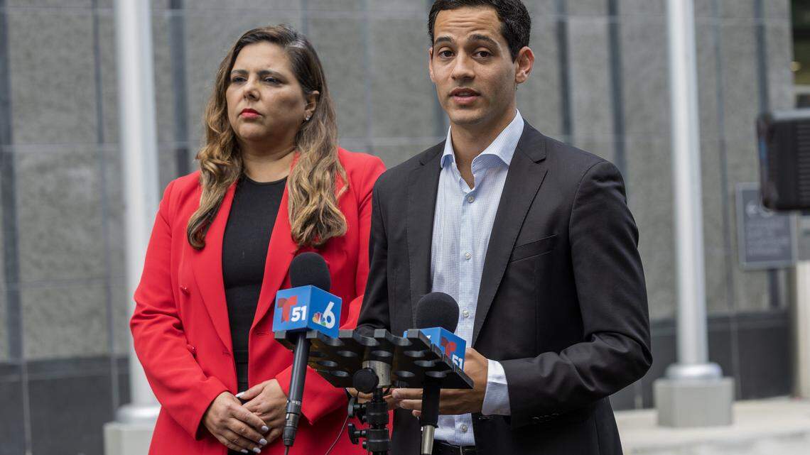 Martin Langersfel and his father's attorney Maria T. Santi of Health and Medicine Law Firm, held a press conference outside of the Osvaldo N. Soto Miami-Dade Justice Center   Justice Building, after Miami-Dade Circuit Court Judge Migna Sanchez-Llorens ruled in favor of his father Pablo Langesfeld, a cancer patient whose health insurer refused to cover a recurring $48,500 cancer treatment that could save his life, in Miami on Friday, April 24, 2026.

