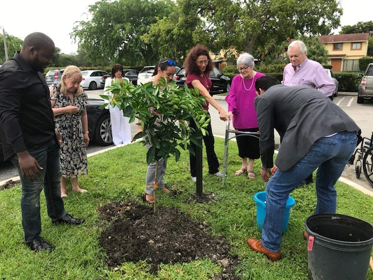 Andrea Moore, accompanied by her daughter, Wendy, and former DCF chief and Florida Attorney General Bob Butterworth, takes part in a tree-planting ceremony in honor of the recently deceased George Sheldon, another former head of DCF. Handling the bucket is Michael Dunlavy, a former foster child who was helped by Moore.