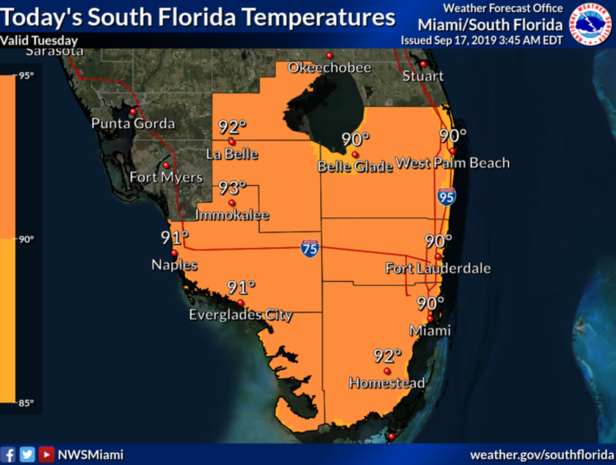 Temperatures are expected to be in the lower to mid 90s, according to the National Weather Service in Miami.