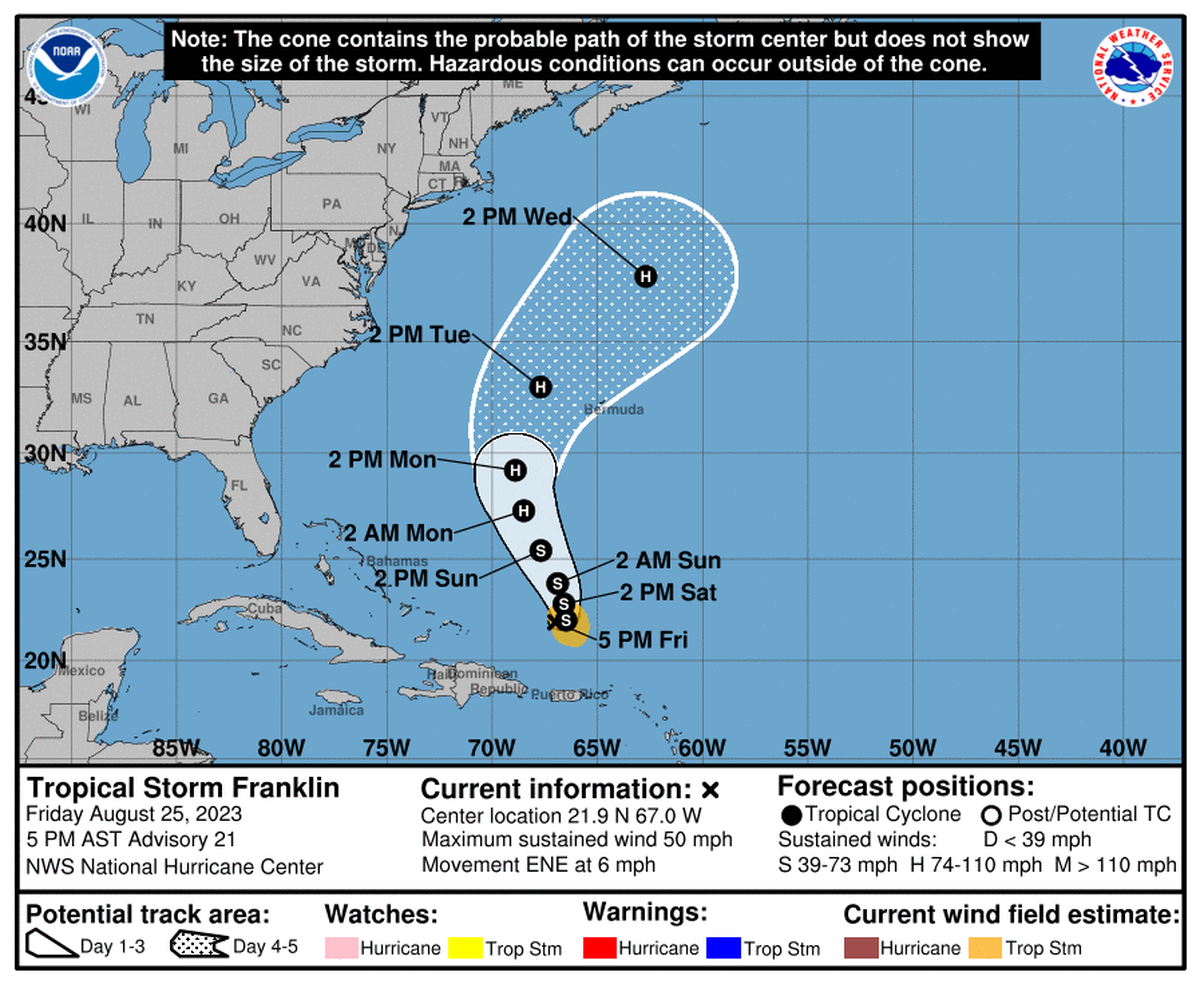 La tormenta tropical Franklin se desaceleró un poco el viernes cuando encontró cizalladura del viento.