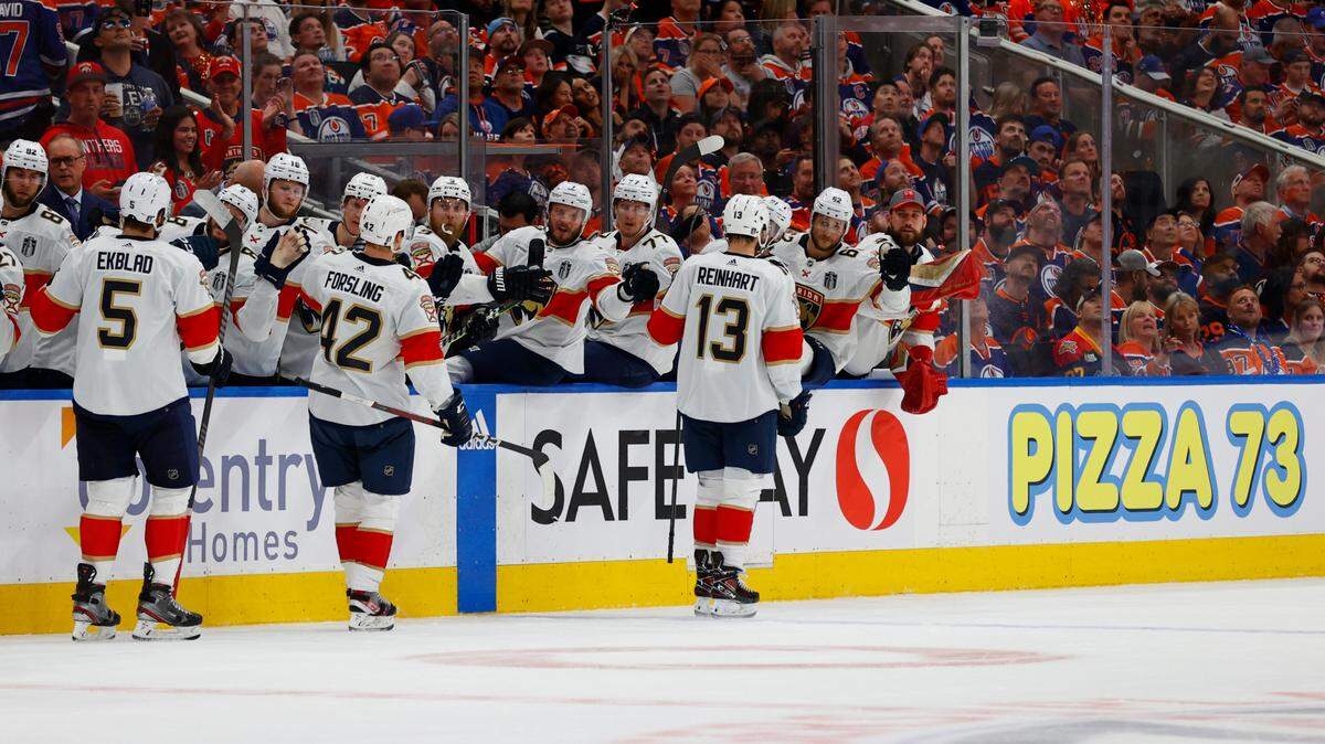 Jun 13, 2024; Edmonton, Alberta, CAN;The Florida Panthers celebrate a gaol by Florida Panthers center Sam Reinhart (13) against the Edmonton Oilers in game three of the 2024 Stanley Cup Final at Rogers Place.