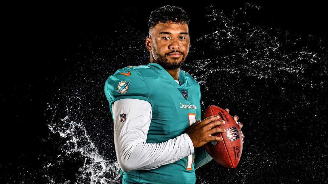 Photo Illustration of Miami Dolphins quarterback Tua Tagovailoa (1) during media day at the Miami Dolphins Baptist Health Training Complex in Miami Gardens on Monday, June 5, 2023.
