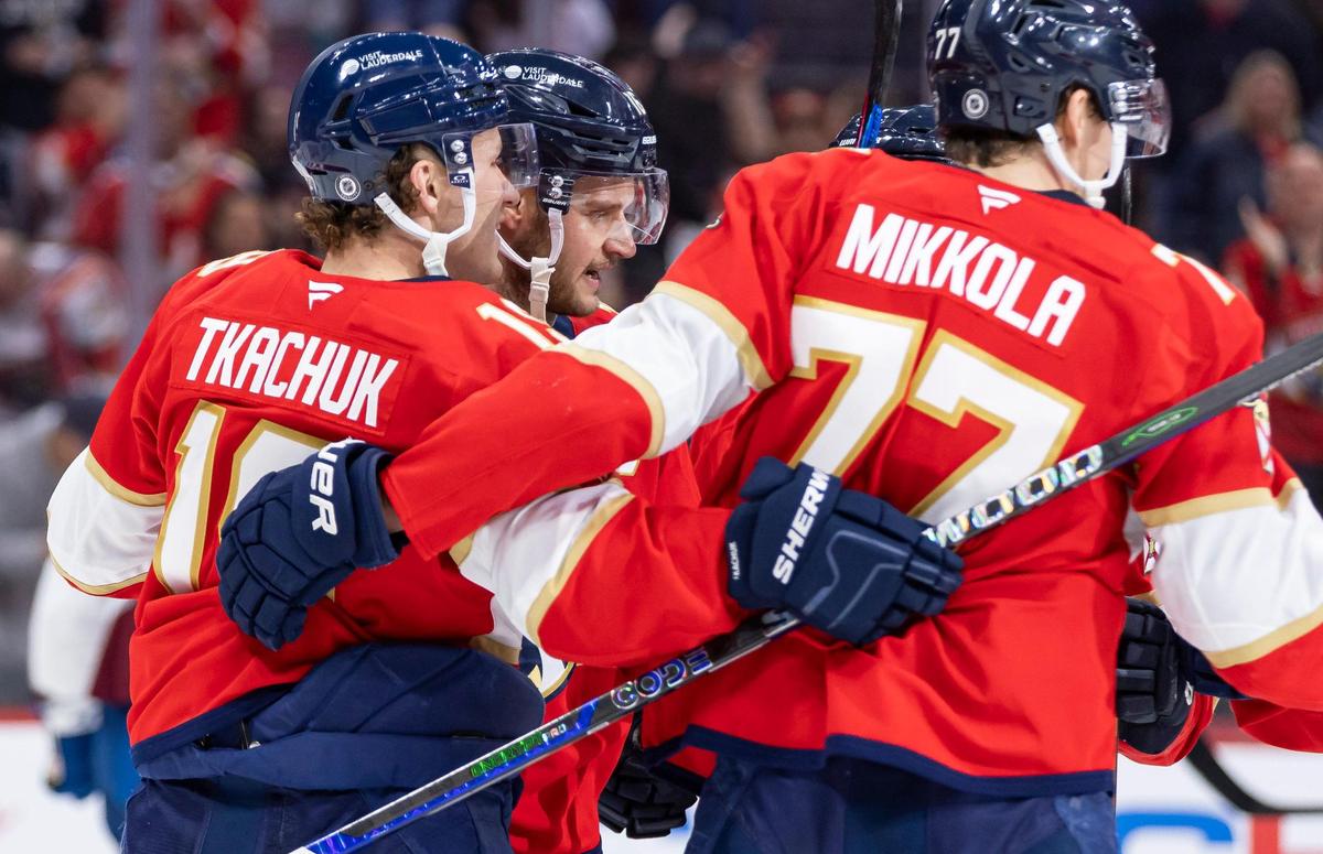 Florida Panthers center Aleksander Barkov (16) celebrates with his teammates after scoring a goal against the Colorado Avalanche in the first period of their NHL game at Amerant Bank Arena on Saturday, Nov. 23, 2024, in Sunrise, Fla.