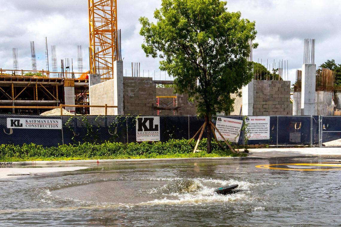 Sewage overflows through a manhole due to heavy rainfall in the Little Havana neighborhood of Miami, Florida, on Saturday, June 4, 2022. Heavy rainfall caused by a tropical disturbance overwhelmed Miami-Dade’s sewage treatment system, which exceeded capacity and causes wastewater to overflow in several locations in the center of the county.