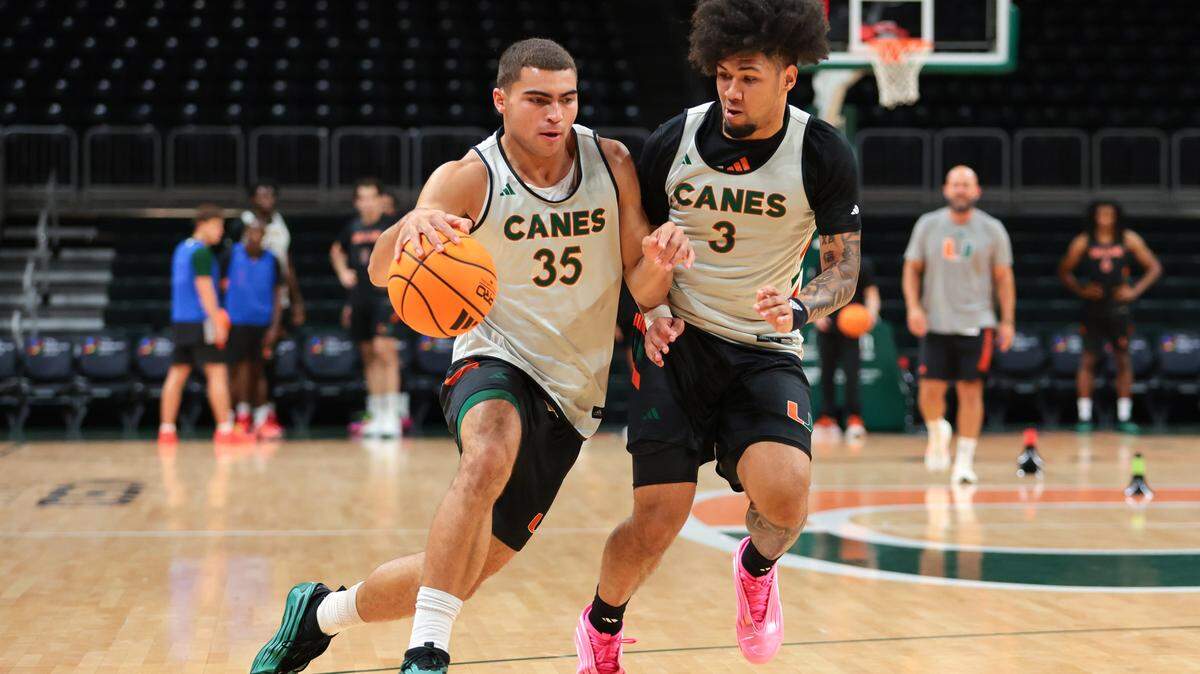 Miami Hurricanes guard Dante Allen (35) drives to the basket against guard Tre Donaldson (3) during practice at the Watsco Center in Coral Gables, Florida, Tuesday, October 28, 2025.