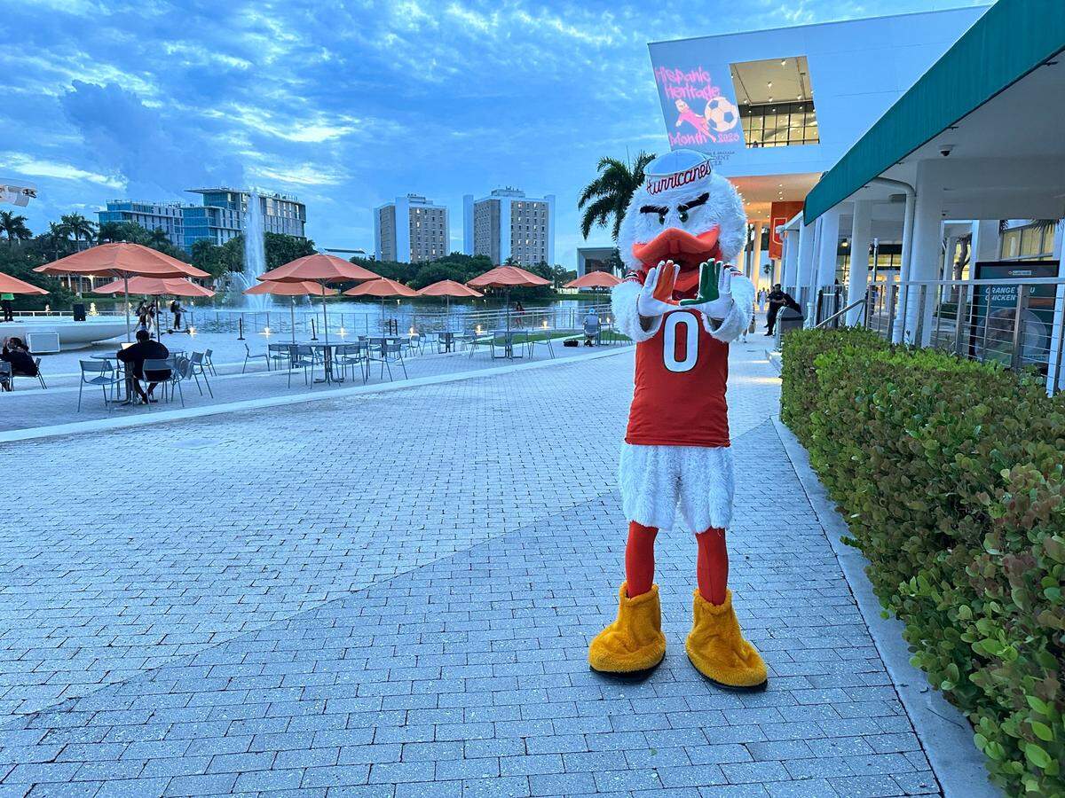 Sebastian the Ibis celebrates Hispanic Heritage Month on the Lakeside Patio on the University of Miami’s Coral Gables campus in this file photo from Oct. 11, 2023.