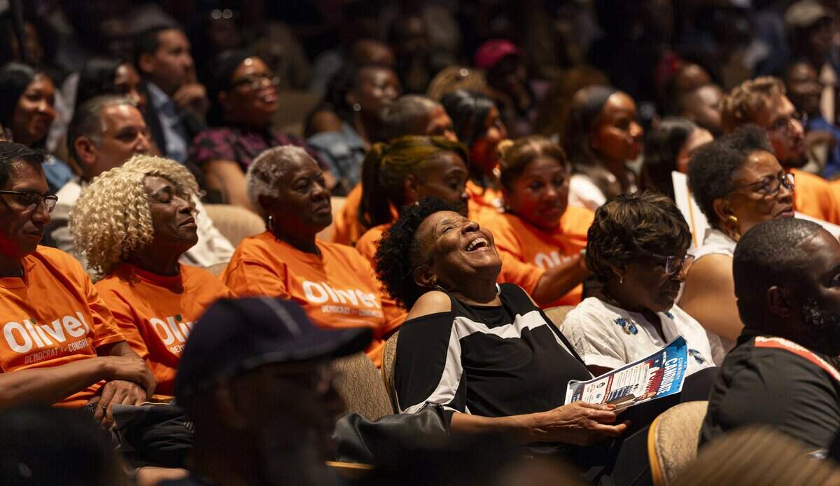 Guests react as they attend a town hall debate ahead of the U.S. House Florida District 24 race at Florida Memorial University on Tuesday, June 30, 2026, in Miami Gardens, Fla.
