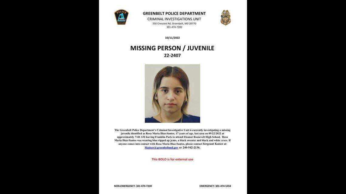 Rosa Diaz-Santos, 17, was last seen Sept. 22, 2022 on her way to school, Maryland police said.