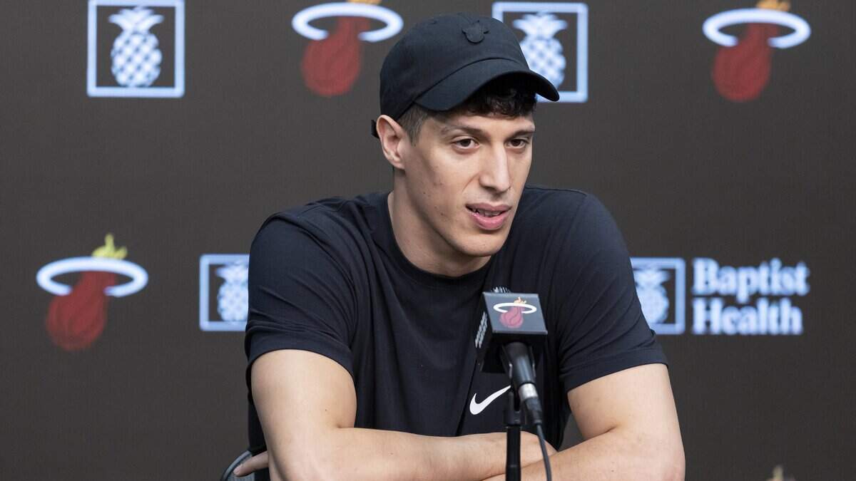 Miami Heat forward Simone Fontecchio (0) participates in his team's season-ending exit interviews at the Kaseya Center on Thursday, April 16, 2026, in downtown Miami, Fla.
