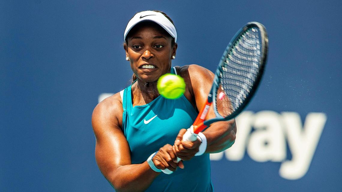 Sloane Stephens of USA returns against Jessica Pegula of USA in the women’s singles 2nd round of the Miami Open 2022 taking place at the Hard Rock Stadium in Miami Gardens, Florida. on Friday March 25, 2022,