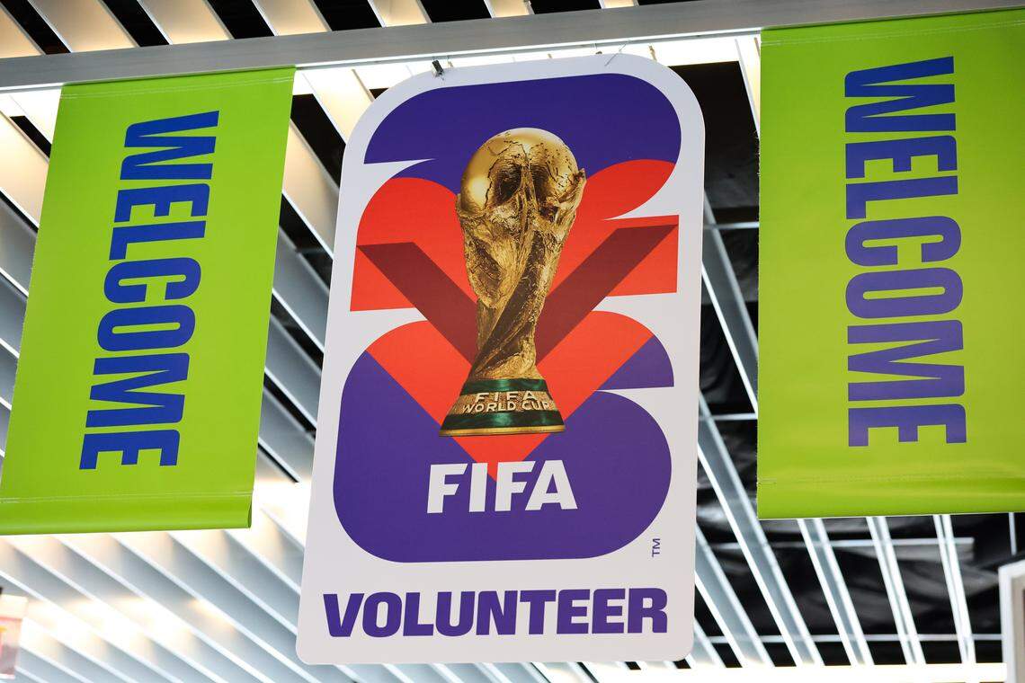 Banners with FIFA branding hang from the ceiling during the grand opening of Miami's volunteer center for the 2026 FIFA World Cup at Brightline MiamiCentral in downtown at 350 NW 1st Ave. on Monday, Dec. 8, 2025, in Miami, Fla.