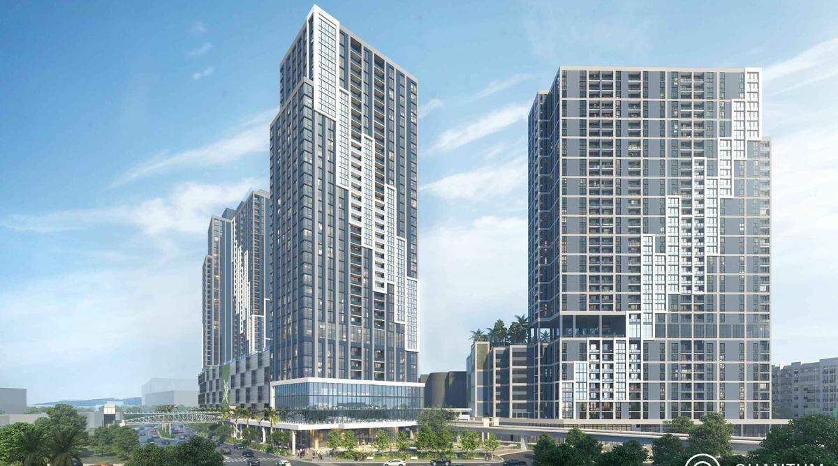 An architectural rendering shows the newly opened Cascade apartment tower, at right, with a pair of companion towers scheduled to start construction at the Douglas Road Metrorail station next year. Miami-based Arquitectonica is the design firm.