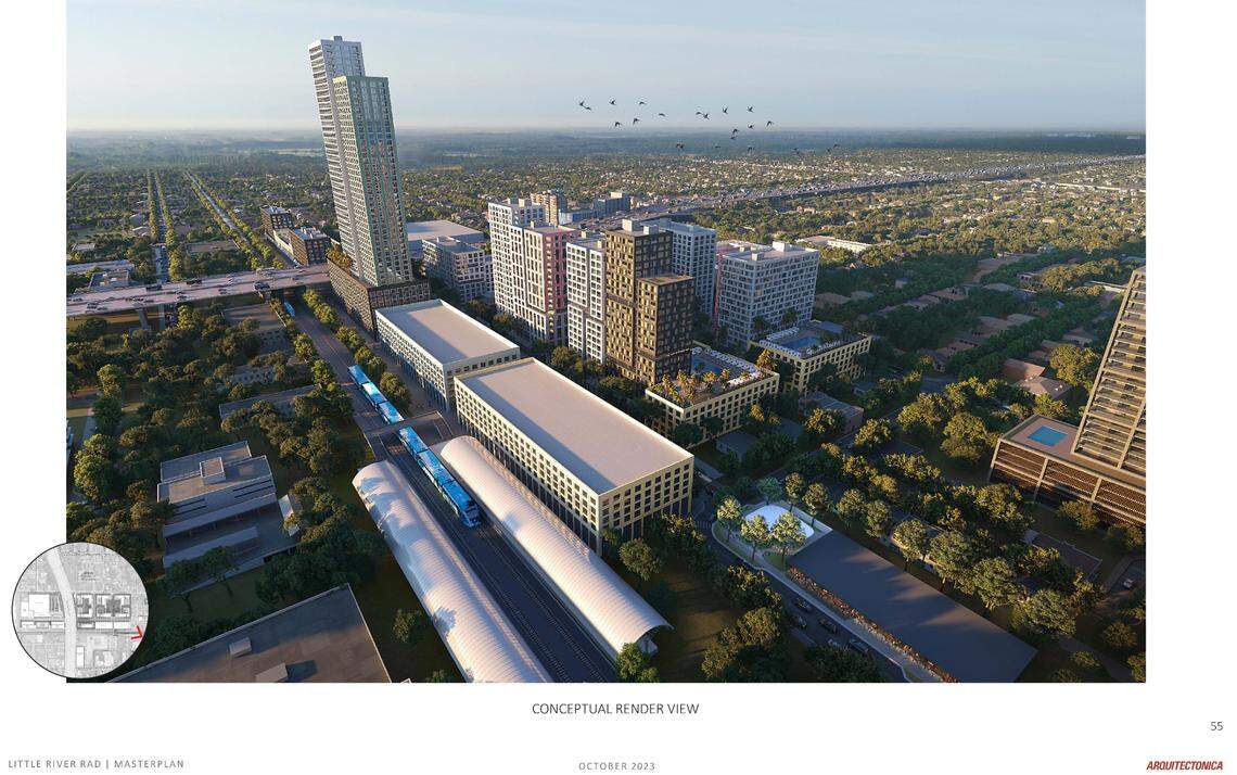 A conceptual rendering displays how the western portion of a massive, proposed redevelopment project that would bring 5,000 units of affordable and workforce housing to Miami’s Little River and Little Haiti neighborhoods could look once completed. Interstate 95 is visible at the top of the image, while a proposed new Tri-Rail station is shown at the bottom.