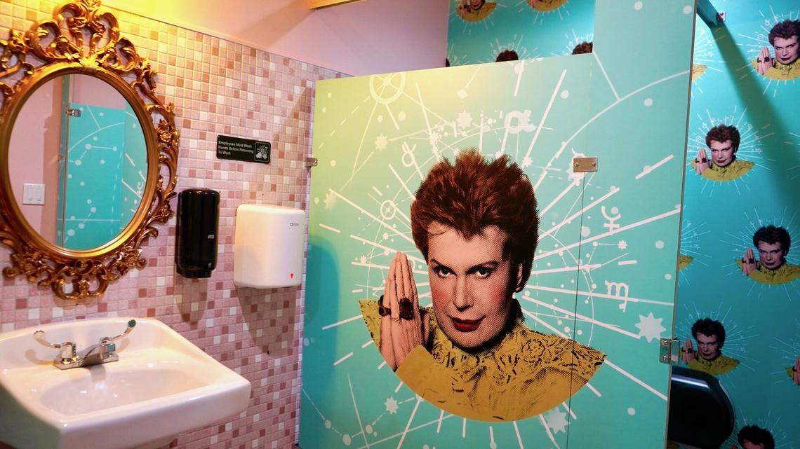 Homages to Hialeah at Stephen’s Deli include themed bathrooms, including a women’s restroom inspired by astrologer Walter Mercado.