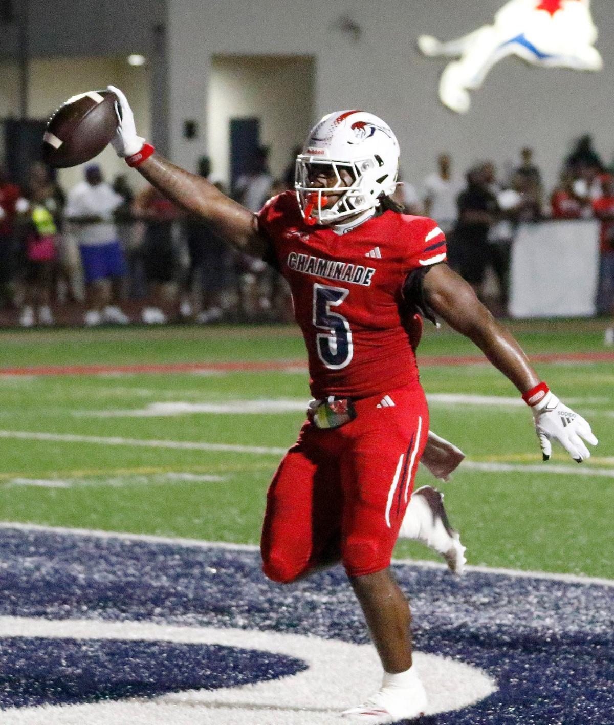 Chaminade-Madonna Lions Jaquari Lewis (5) celebrates a touchdown against Norland Vikings during football game on Thursday, September 19, 2024 at Chaminade-Madonna HS in Hollywood. Andrew Uloza / for Miami Herald