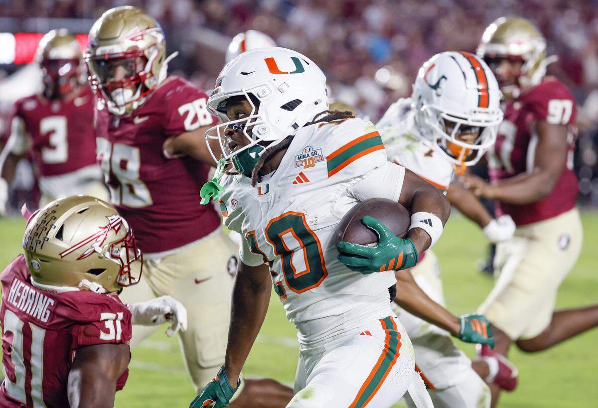 Miami Hurricanes wide receiver Malachi Toney (10) on a pass reception in the first half against the Florida State Seminoles at Doak Campbell Stadium in Tallahassee, Florida, on Saturday, October 4, 2025.