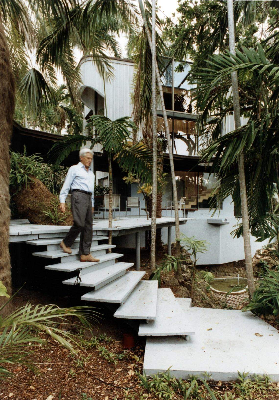 5/12/1993: Famed architect Alfred Browning Parker, pictured here at his Coconut Grove in 1993, was an exception to the trend away from passive cooling designs in the era of air conditioning. His home featured deep porches, overhangs, shade trees and porous design to stay cool.