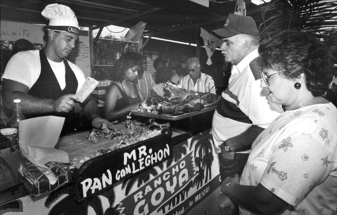 Gustavo Rodriguez prepares pan con lechon in Little Havana in 1992.