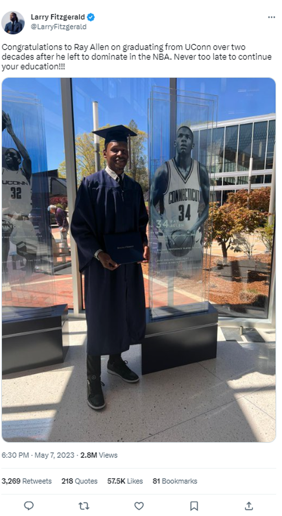 Former Miami Heat star Ray Allen graduated from UConn at age 47, more than two decades after leaving the school early to pursue his Hall of Fame career in the NBA.