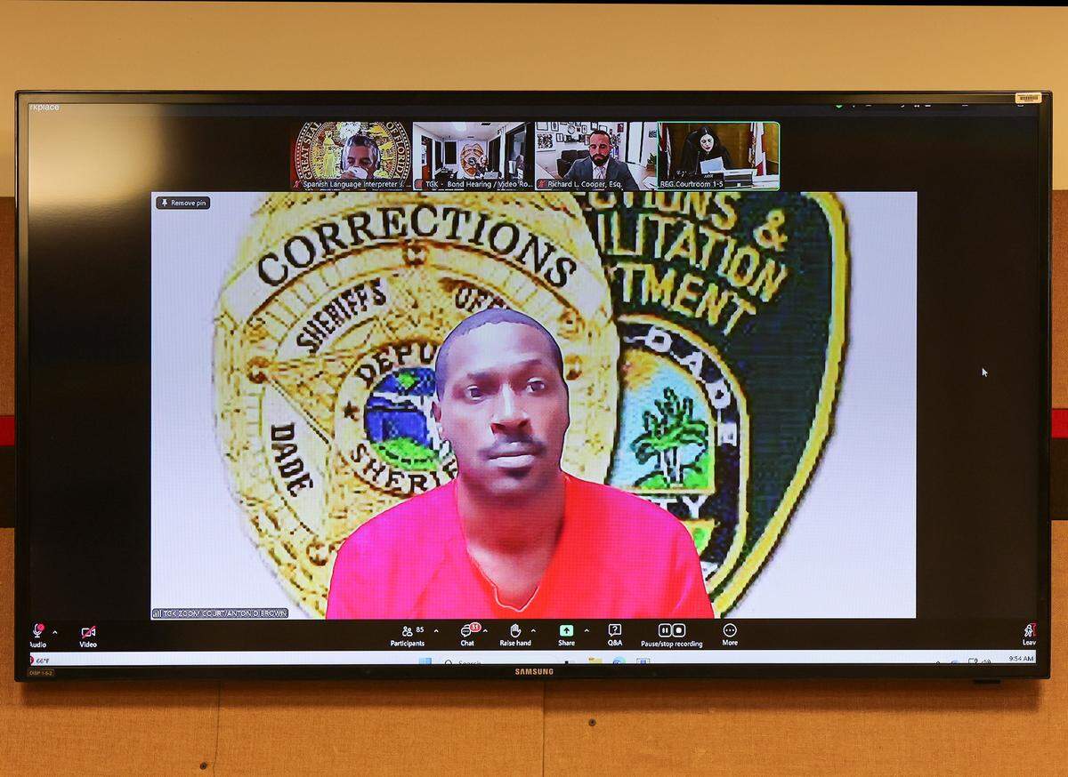 Antonio Brown appears for his bond hearing via Zoom requesting bail after he filed a written plea of “not guilty” to the attempted murder charge in Bond Court (Courtroom 1-5) with Judge Mindy S. Glazer presiding at the Richard E. Gerstein Justice Building on Wednesday, November 12, 2025, in Miami, Florida.