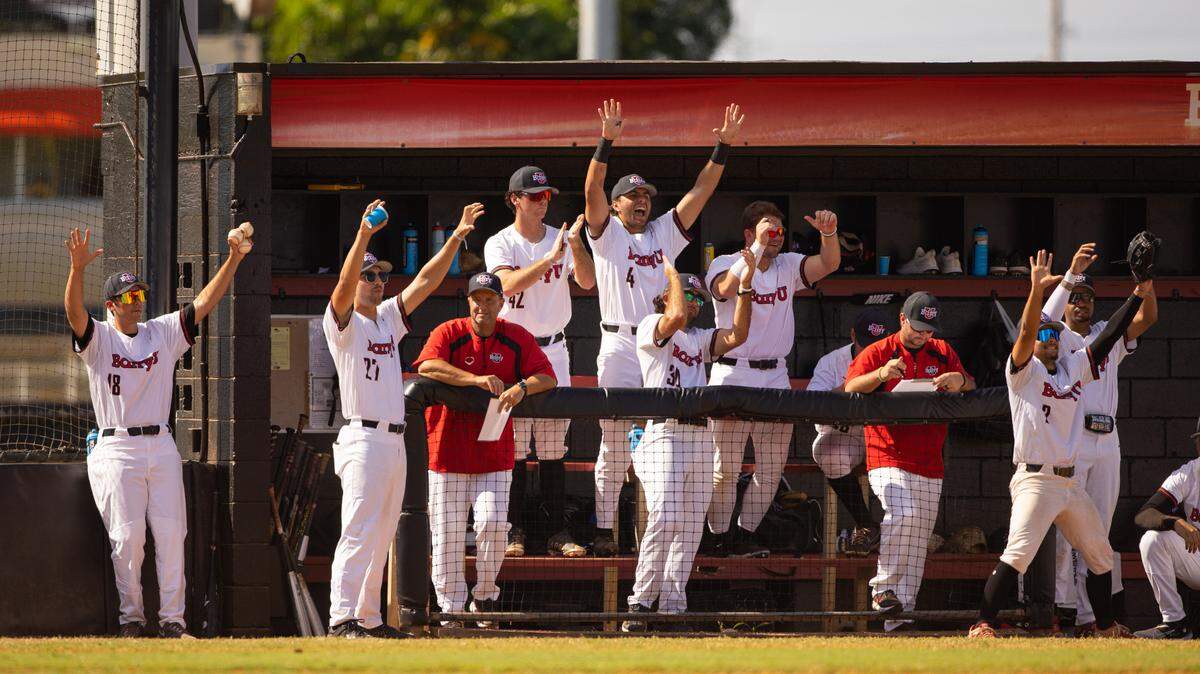 MIAMI SHORES, FL - Barry University Men’s Baseball reacts to a hit in their home opener against Lane College at Feinbloom Field on Friday, February 3, 2023 in Miami Shores, FL. (Photo by Kelly Gavin/Barry University)