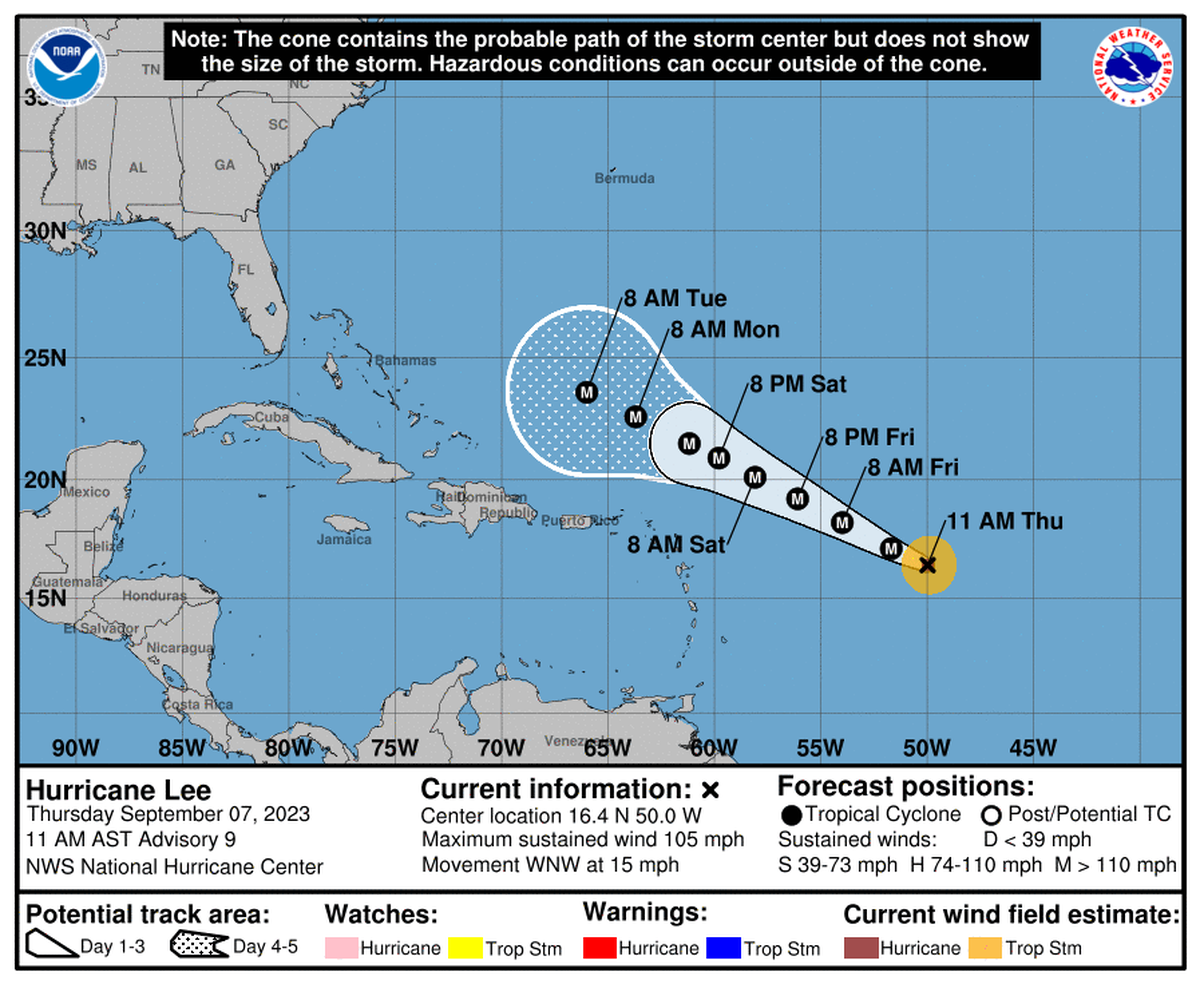 Hurricane Lee is now a Category 2 storm and rapidly intensifying.