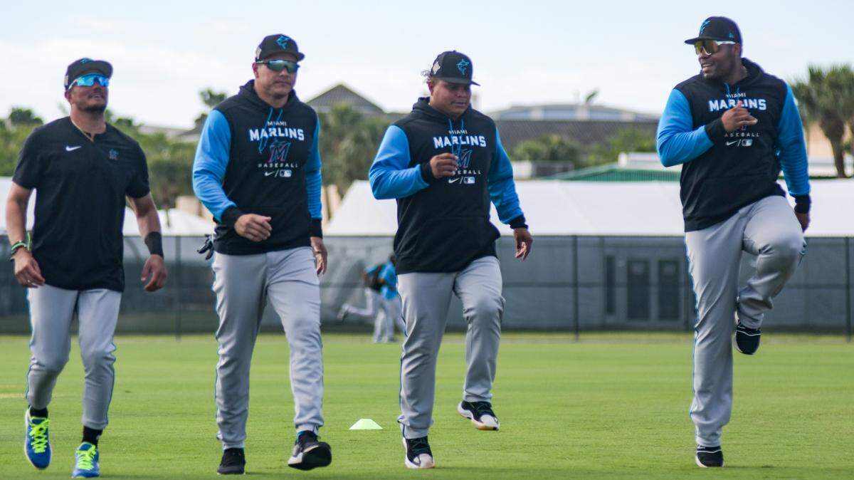 Willians Astudillo (third from left) has put together a strong spring training as a non-roster invite for the Miami Marlins.