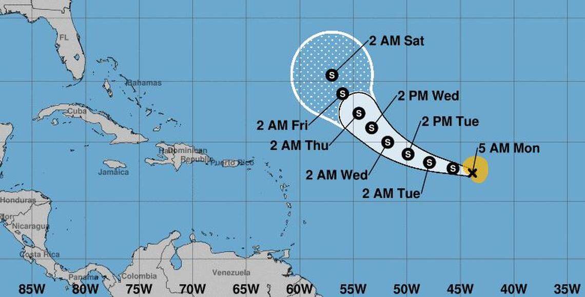 The projected path of Tropical Storm Philippe as of 4 a.m. Sept. 25.