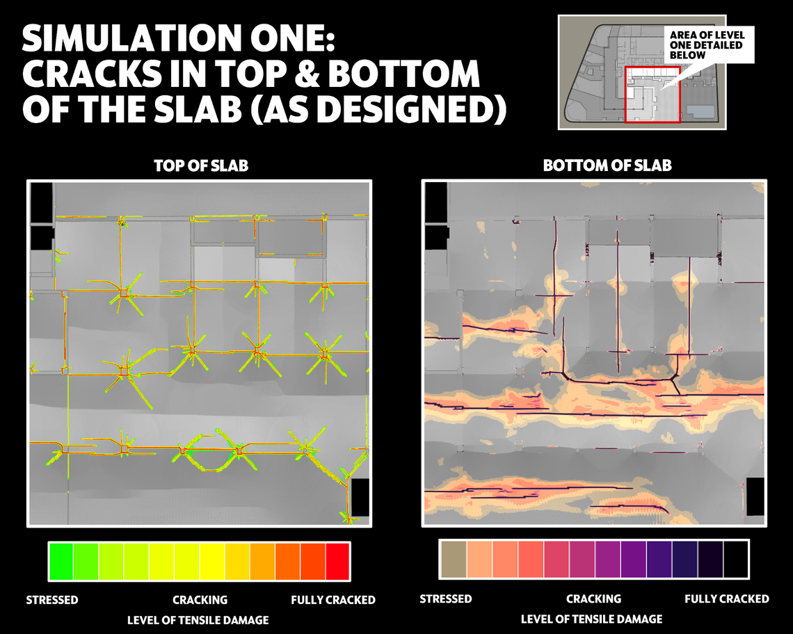 The full level-one reference model shows cracks on the top and bottom of the pool deck as designed, prior to any damage or degradation.