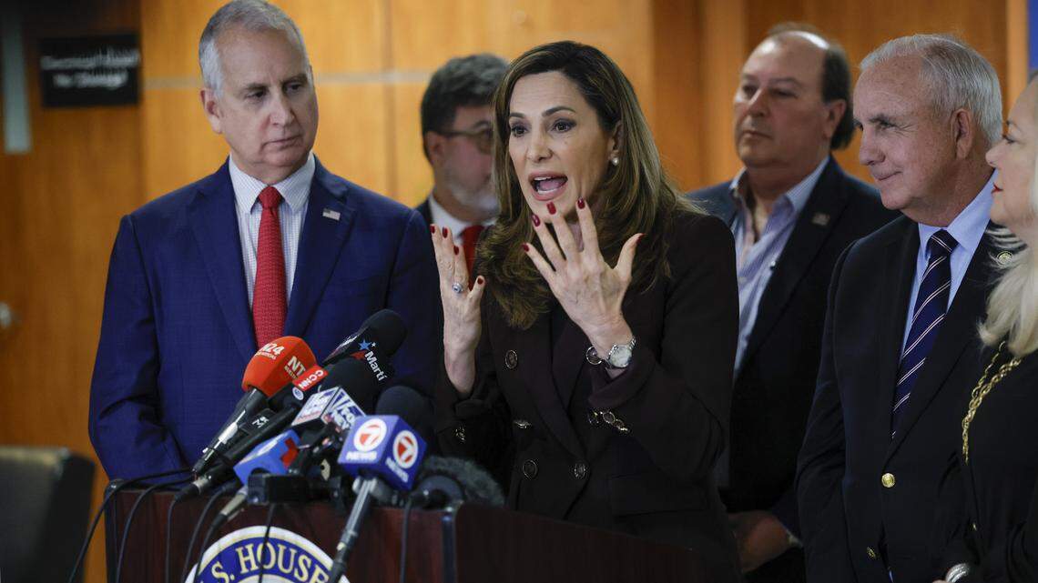 U.S. Rep. Maria Elvira Salazar speaks  during a joint press conference with Rep. Mario Diaz-Balart, and Rep. Carlos Gimenez in Doral, Florida, as they discuss the U.S. attack on Venezuela and the capture of Venezuelan leader Nicolás Maduro on Saturday, January 3, 2026. 