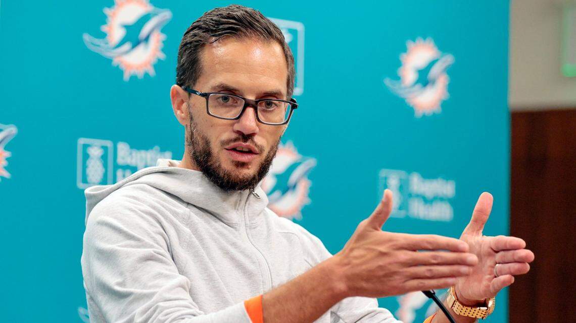 Miami Dolphins head coach Mike McDaniel speaks to reporters at Baptist Health Training Complex in Miami Gardens on Wednesday, November 23, 2022.