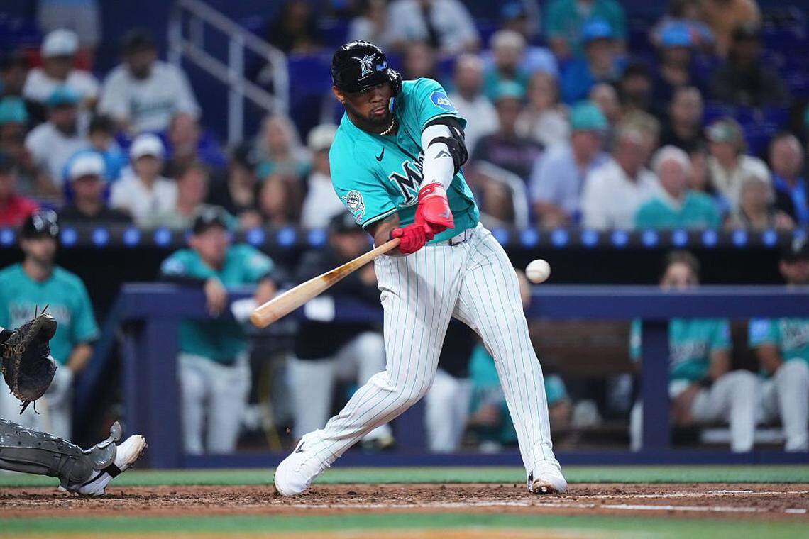 MIAMI, FLORIDA - MARCH 29: Deyvison de Los Santos #63 of the Miami Marlins hits a double in his his MLB debut game against the Colorado Rockies during the second inning at loanDepot park on March 29, 2026 in Miami, Florida. (Photo by Rich Storry/Getty Images)