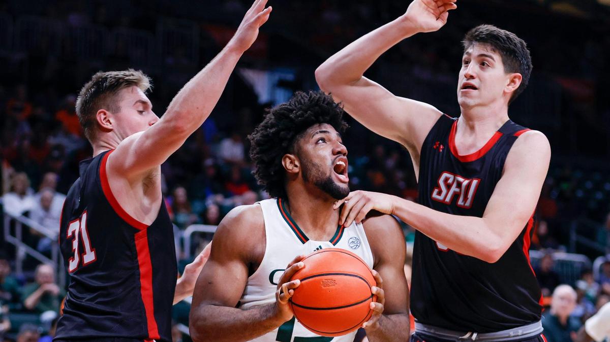 Miami Hurricanes forward Norchad Omier (15) is averaging a double-double heading into the Jan. 31, 2023 home game against Virginia Tech.