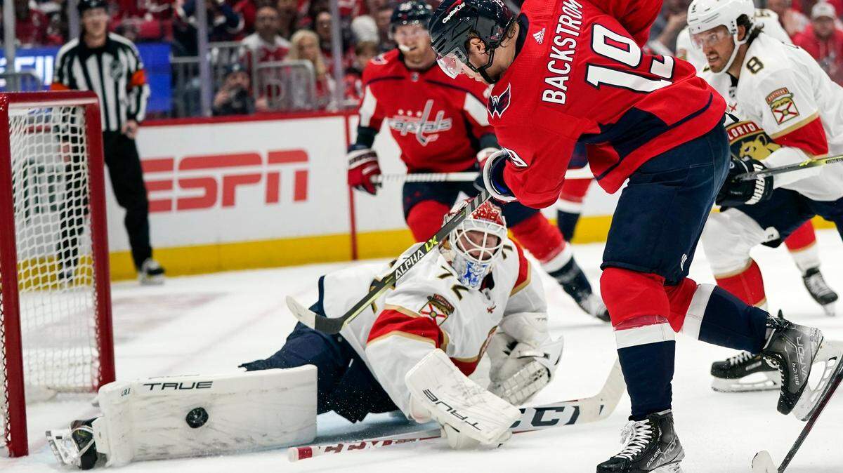 Washington Capitals center Nicklas Backstrom (19) has his shot blocked by Florida Panthers goaltender Sergei Bobrovsky (72) during the first period of Game 3 in the first-round of the NHL Stanley Cup hockey playoffs, Saturday, May 7, 2022, in Washington. (AP Photo/Alex Brandon)