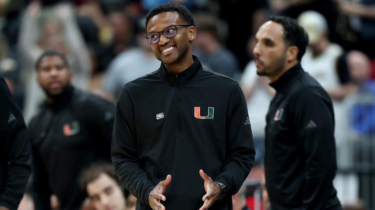 ST LOUIS, MISSOURI - MARCH 22: Head coach Jai Lucas of the Miami Hurricanes reacts against the Purdue Boilermakers during the second half in the second round of the 2026 NCAA Men's Basketball Tournament at Enterprise Center on March 22, 2026 in St Louis, Missouri.  (Photo by Jamie Squire/Getty Images)
