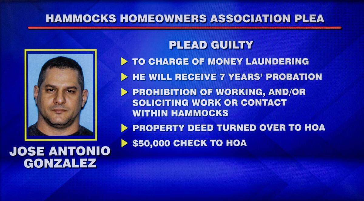 Poster of Jose Antonio Gonzalez presented by Miami-Dade State Attorney Katherine Fernandez Rundle during a press conference to talk about $2 million HOA fraud after his wife as president and himself admitted to their roles in the fraud, on Thursday, April 30, 2026.