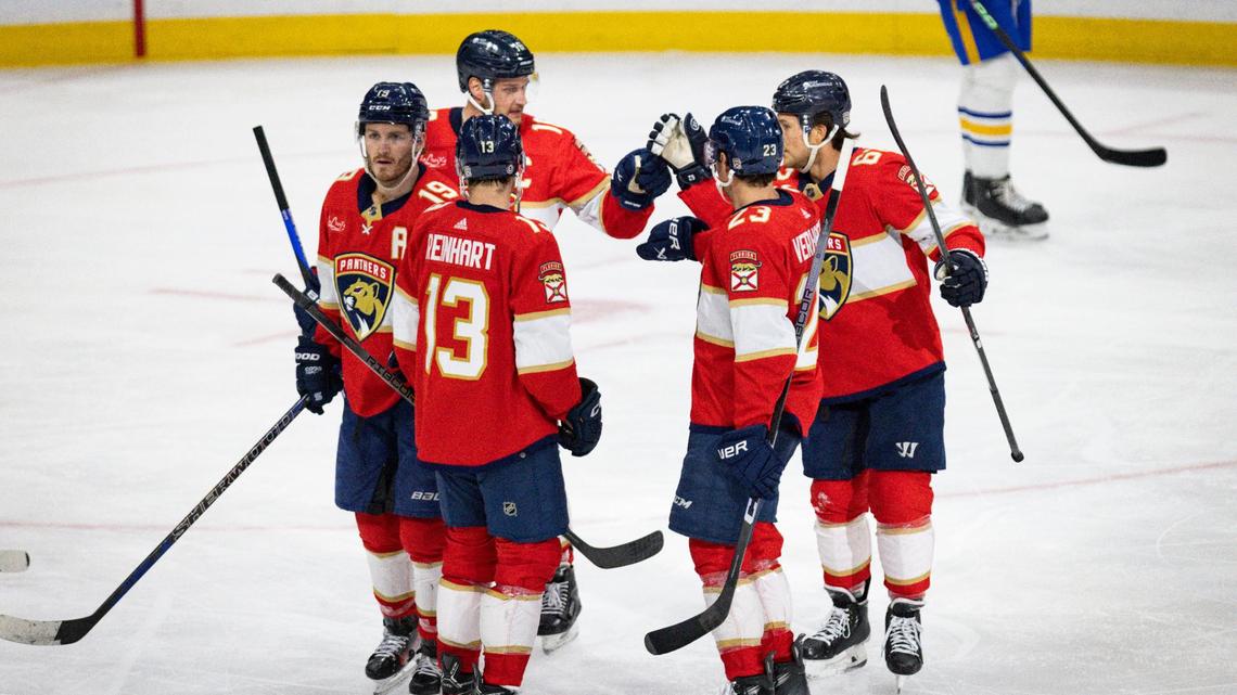 Florida Panthers defenseman Brandon Montour (62) celebrates his goal with teammates during the second period of a hockey game on Tuesday, Feb. 27, 2024, at Amerant Bank Arena in Sunrise, Fla. The Panthers won 3-2.