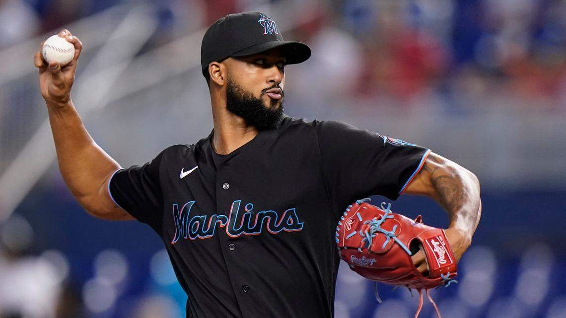 Miami Marlins’ Sandy Alcantara delivers a pitch during the first inning of a baseball game against the Cincinnati Reds, Saturday, Aug. 28, 2021, in Miami.