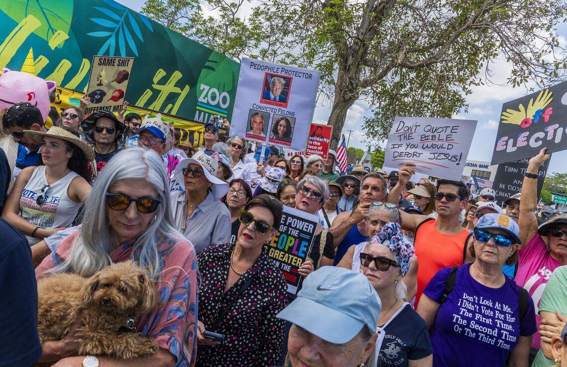 Protesters express their opinions during a ‘No Kings’ anti-Trump protest at Tropical Park, in Miami, as part of a nationwide campaign that includes South Florida, on Saturday March 28, 2026.