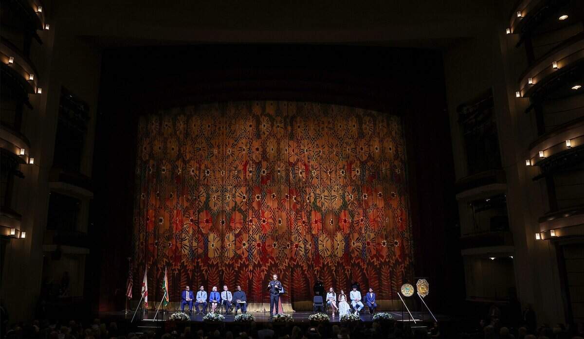 Miami Police Chief Edwin Lopez gives his remarks and address after taking the oath of office during his swearing-in ceremony at the Ziff Ballet Opera House on Tuesday, June 16, 2026, in Miami. Lopez, who previously served as deputy chief, was joined by city officials, family members and community leaders as he formally assumed leadership of the department. The ceremony marked a new chapter for the city's police force.