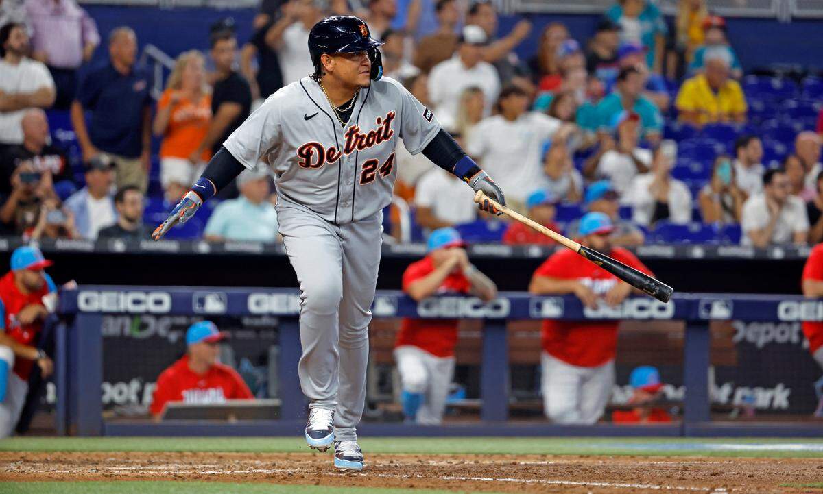 Detroit Tigers designated hitter Miguel Cabrera (24) singles on a ground ball to Miami Marlins center fielder Dane Myers (54) in the ninth inning at loanDepot park in Miami on Saturday, July 29, 2023.