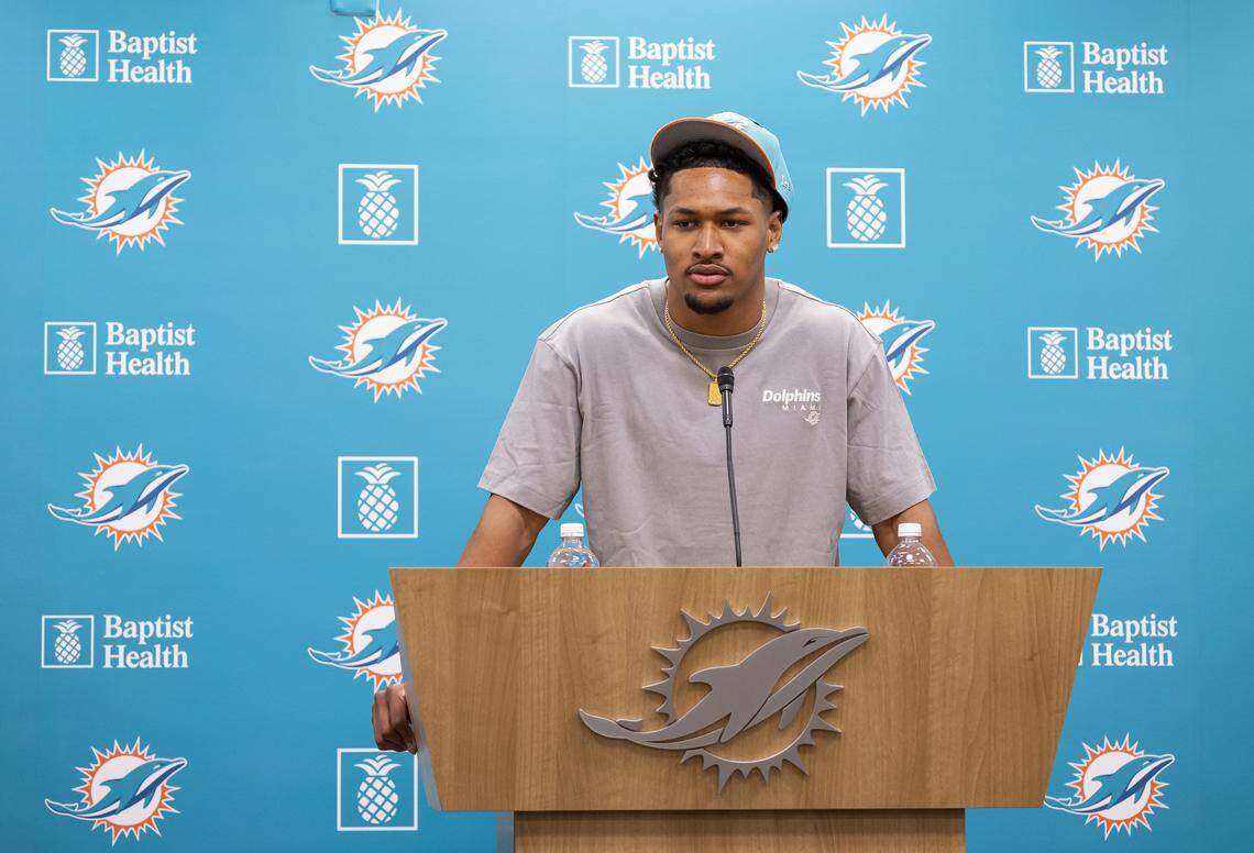 Chris Johnson, who played cornerback with San Diego State Aztecs, speaks during a press conference at the Baptist Health Training Complex on Friday, April 24, 2026, in Miami Gardens, Fla. The Dolphins selected Johnson as the 27th overall pick in the first round of the NFL Draft.