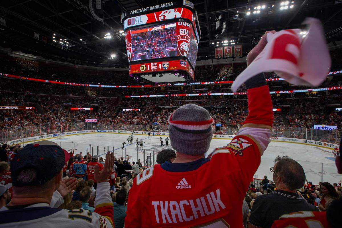 Panthers fans show their support after Florida Panthers center Eetu Luostarinen (27) scoring a goal in the third period of Game 2 of the second-round series of the Stanley Cup Playoffs against the Boston Bruins at Amerant Bank Arena on Wednesday, May 8, 2024, in Sunrise, Fla.