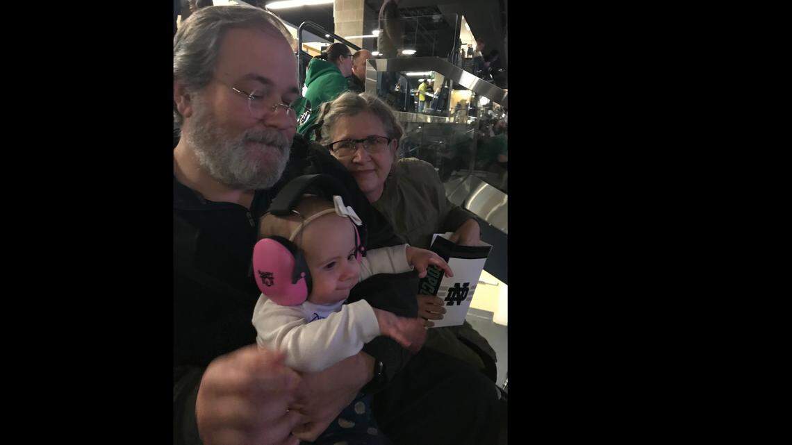 Sam Anello and granddaughter Chloe Wiegand at Compton Family Ice Arena on the University of Notre Dame campus.