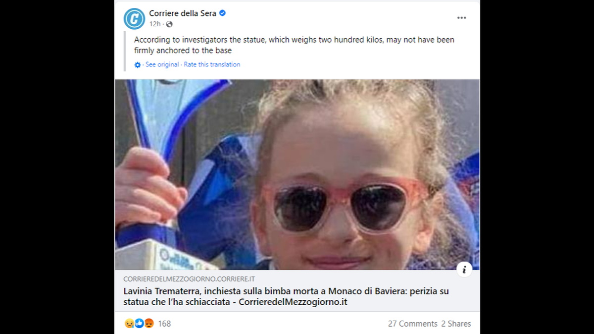 A 7-year-old Italian girl on vacation with her parents in Munich died after a statue weighing more than 400 pounds fell on her in a hotel courtyard.