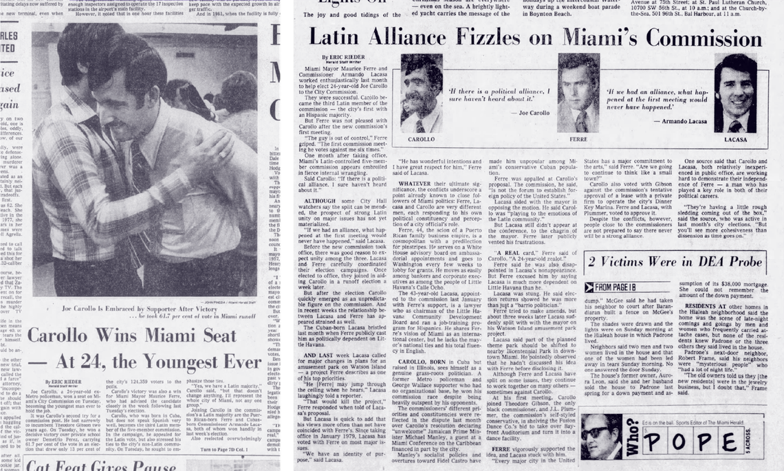 Miami Herald coverage of Carollo winning his commission seat for the first time in November 1979, left, and following Carollo’s first meeting, right. After that first meeting, Miami Mayor Maurice Ferre reportedly said: “The guy is out of control.”