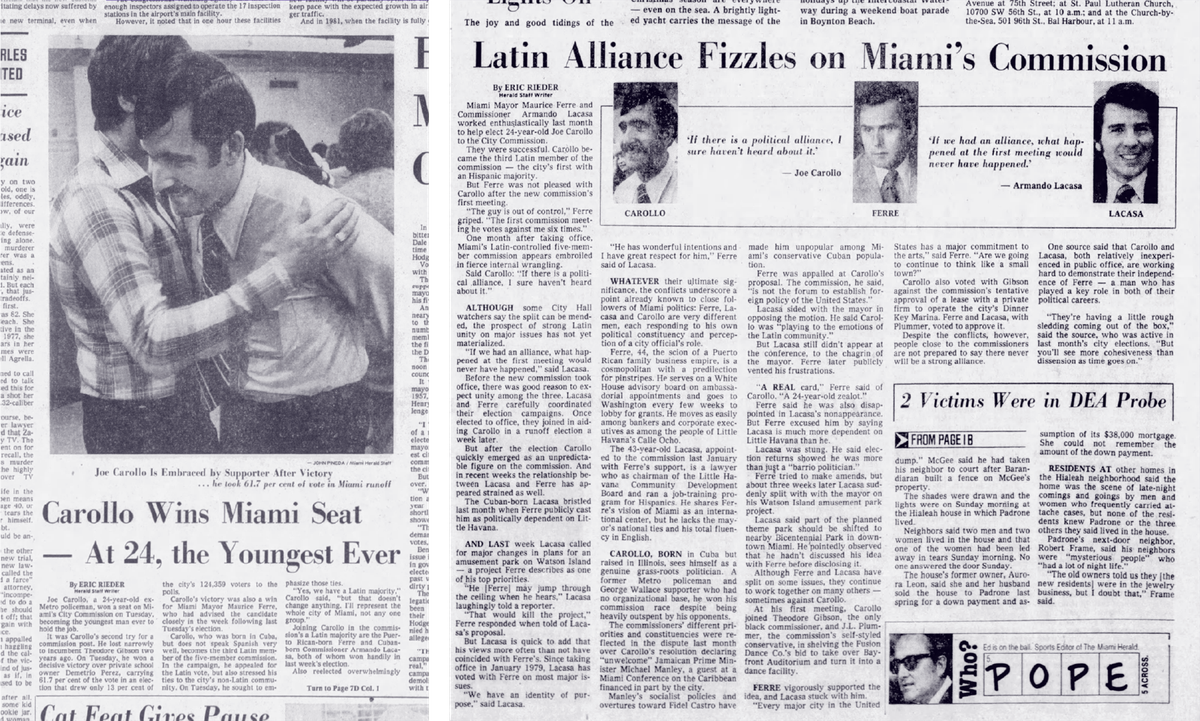 Cobertura de Miami Herald de la primera victoria de Carollo en la comisión (a la izquierda), en noviembre de 1979, y tras la primera reunión de Carollo (a la derecha).
