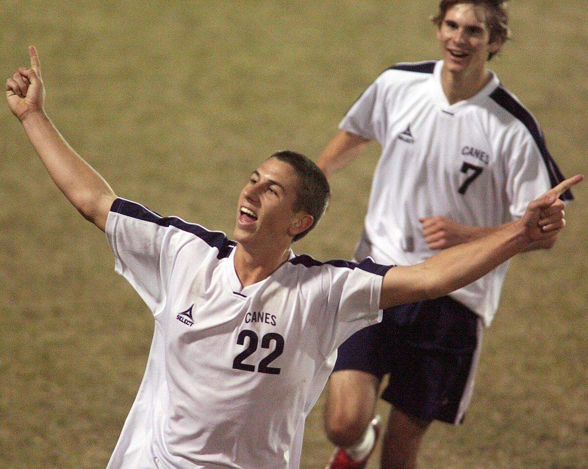 Palm Harbor University’s Ben Sweat (22) celebrates scoring the winning goal in the second half of their FHSAA Class 6A Boys Soccer semifinal Friday, Feb. 19, 2010 in Tampa, Fla. Sweat was Inter Miami’s top overall pick in the Major League Soccer Expansion Draft Tuesday.