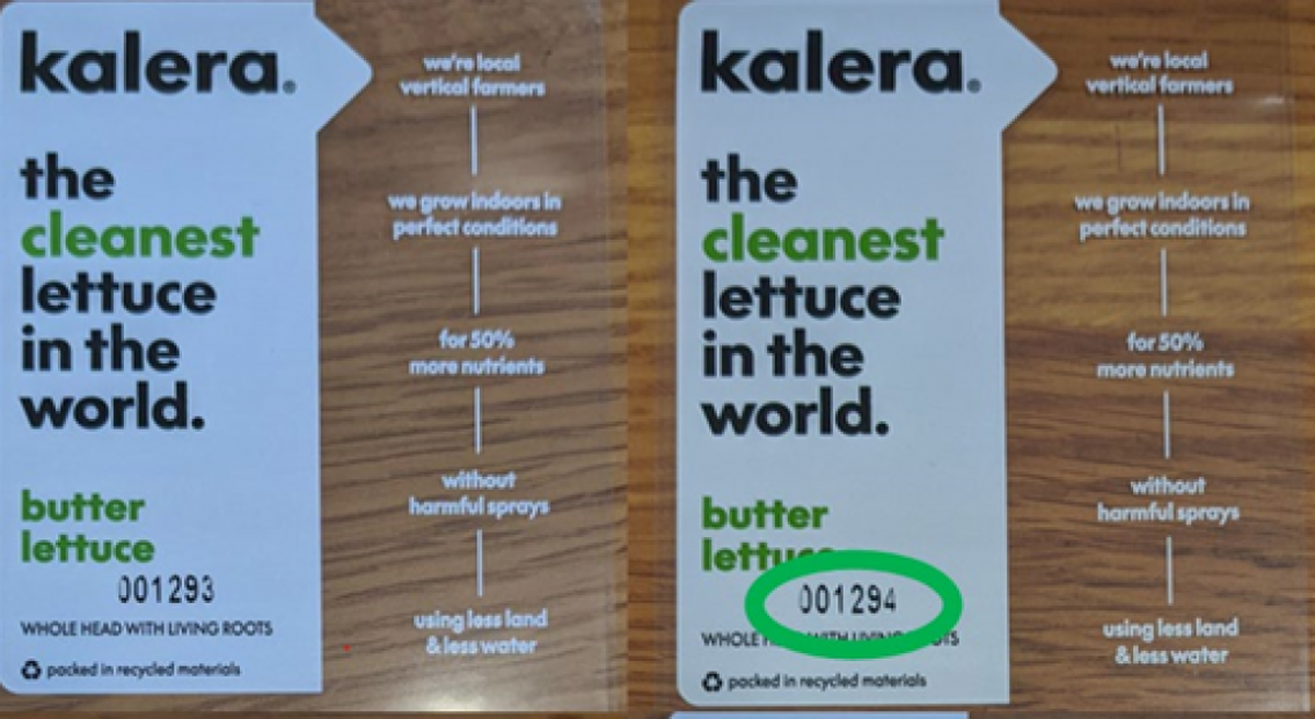 The labels for recalled lots of Kalera Butter Lettuce.